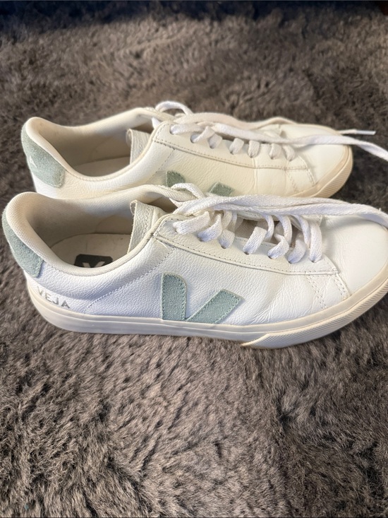 Veja Shoes - Veja White Leather Sneakers with Pale Mint V Accent